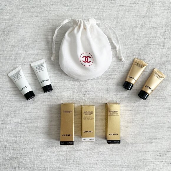 CHANEL Skincare 7 Piece Sample Lot with Drawstring Bag & Washable Cotton Pads - Picture 1 of 12